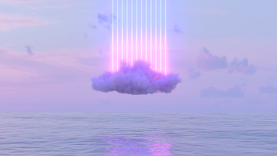 3D rendering of Neon Lightning Glowing Lines and Cloud over the Sea.