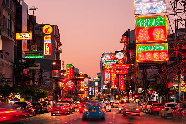 Neon lights of Chinatown, Bangkok, Thailand stock photo