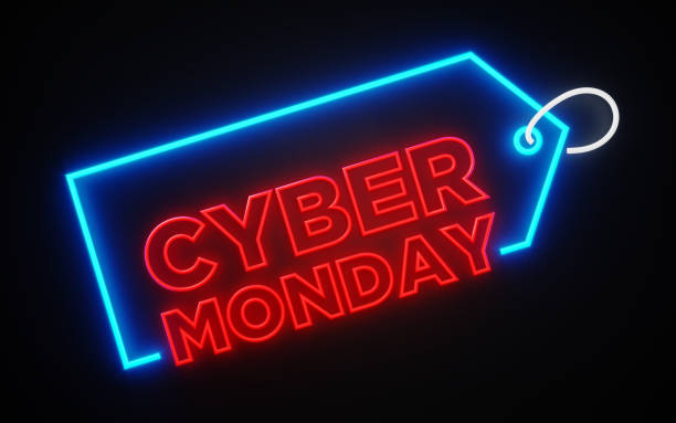 Neon Price Tag with Cyber Monday Text Inside on Black Neon Price Tag with Cyber Monday text inside on black background. Horizontal composition with copy space. cyber monday stock pictures, royalty-free photos & images