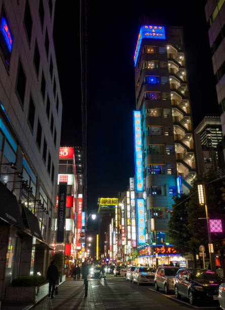 Neon street lights in Tokyo, Japan stock photo