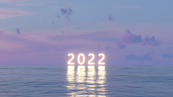 3d rendering of Happy new year 2022 Neon text on Sea.