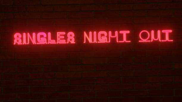 Neon text "SINGLES NIGHT OUT" on a brick wall. 3d rendering. 3d rendering. individual event stock pictures, royalty-free photos & images