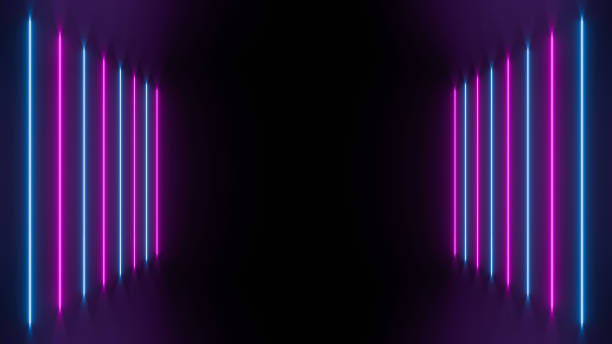 passagem ultravioleta de néon, ilustração futurista da perspectiva 3d. formas geométricas azuis e cor-de-rosa de incandescência, assoalho da reflexão, efeito fluorescente. - fluorescente - fotografias e filmes do acervo