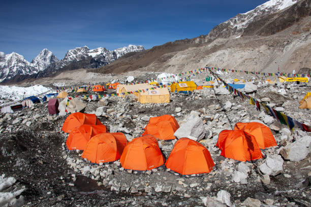 Nepal hiking path through mountain around Everest stock photo