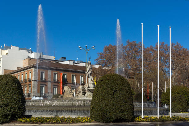 Neptuno Fountain and Thyssen Bornemisza Museum in City of Madrid, Spain stock photo