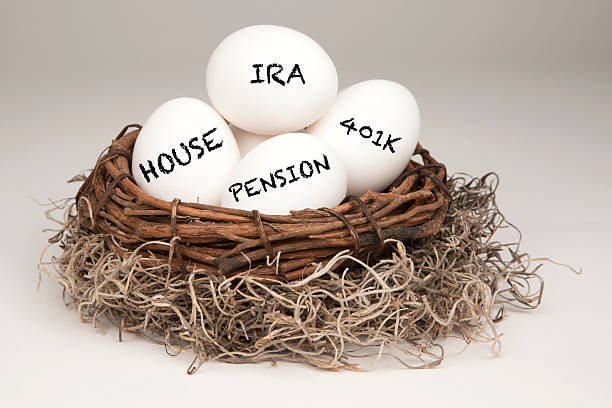 Nest Egg White eggs in a brown nest labelled with IRA, Pension, 401k and House representing a typical nest egg. nest egg stock pictures, royalty-free photos & images