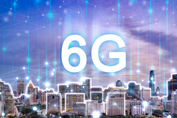 6G network digital hologram and internet of things on city background. stock photo