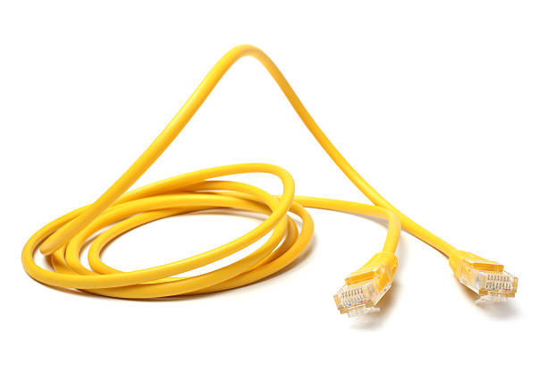 Network ethernet cable with RJ45 connectors Network ethernet cable with RJ45 connectors on white background steel cable stock pictures, royalty-free photos & images
