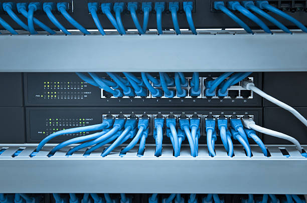 Network hub and cable stock photo