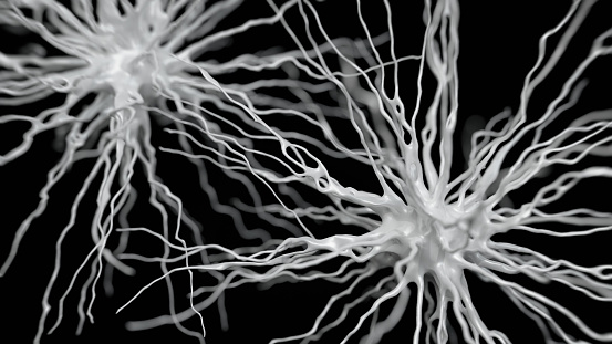 Neuron cells system - 3d rendered image of Neuron cell network on black background.  Conceptual medical image.  Healthcare concept.