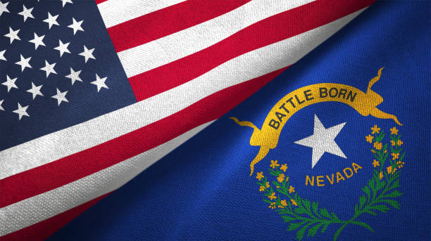 Nevada state and United States two flags together realations textile cloth fabric texture stock photo