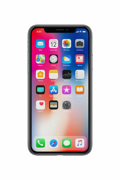 白い背景の上の新しいアップル iphone x フロント ビュー - スマホ　画面 ストックフォトと画像