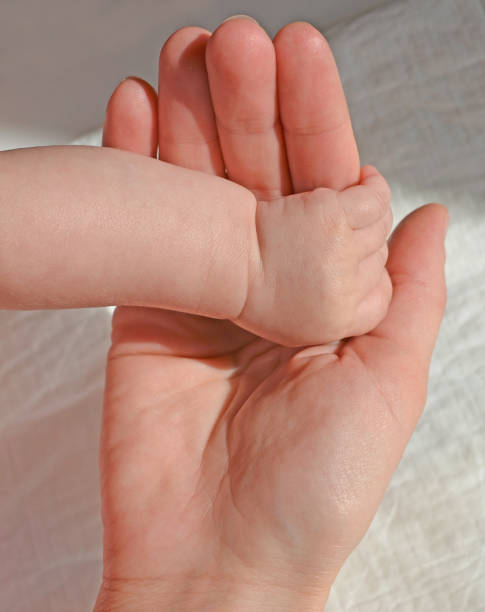 New born clenched baby girl hand holding mothers finger stock photo