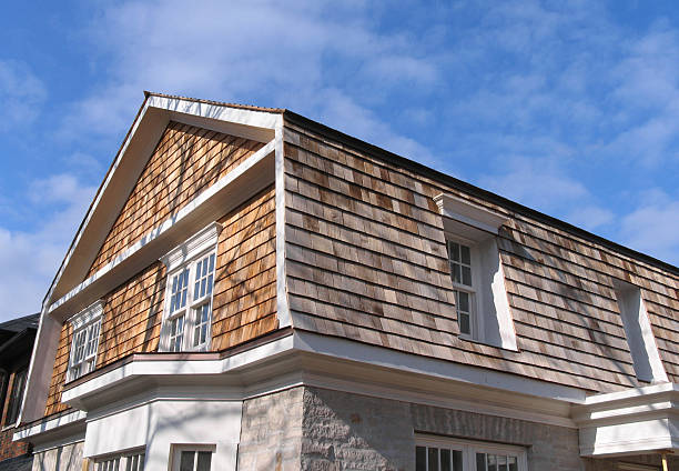 New house with cedar siding stock photo