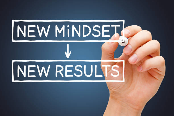 New Mindset New Results Concept Hand writing New Mindset New Results concept with white marker on transparent wipe board on dark blue background. attitude stock pictures, royalty-free photos & images
