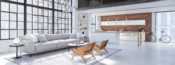new modern city loft apartment. 3d rendering - window, inside apartment, new york imagens e fotografias de stock