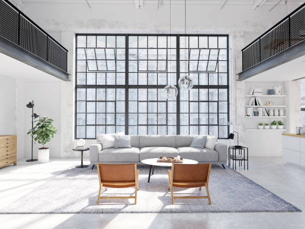 new modern city loft apartment. 3d rendering - window, inside apartment, new york imagens e fotografias de stock