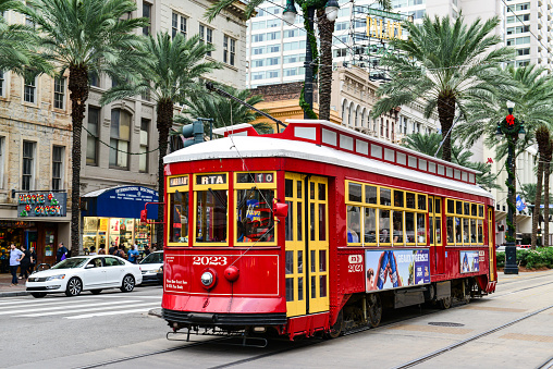 New Orleans, Louisiana, USA - November 18, 2017: One of the many streetcars serving Canal Street in downtown New Orleans making visiting the downtown area easier.