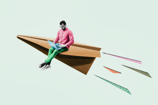 New startup launch, business ideas, creativity. Art collage. Paper plane with sitting young man. New startup launch, business ideas, creativity. airplane photos stock pictures, royalty-free photos & images