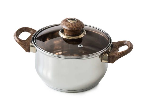 new steel pot with glass lid stock photo