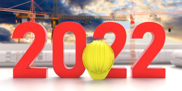 New year 2022 red number on construction project blueprint. 3d illustration stock photo
