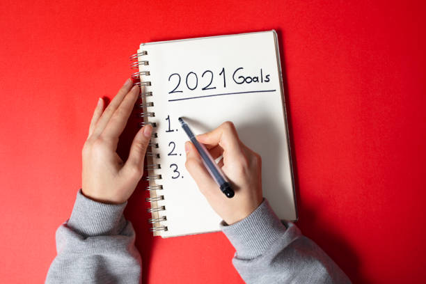 2021 new year goal, plan, notepad action text. stock photo
