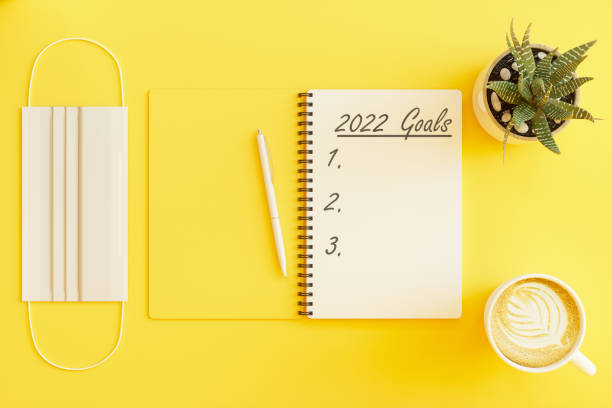 2022 New Year Goals Concept. Top View Of Protective Face Mask, Potted Plant And Coffee Cup On Yellow Background stock photo