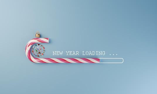 Digital loading stick made of christmas candy and christmas ornaments flat lay, can be used new year concepts. ( 3d render )