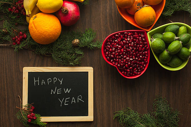 New Year's table with fruits. stock photo