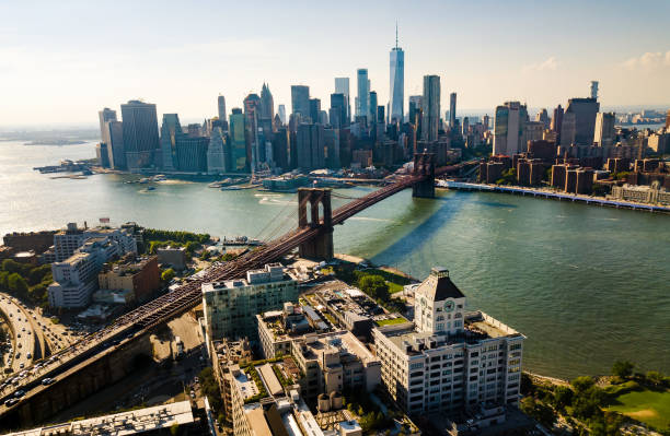 New York city aerial view New York city and Manhattan bridge aerial view brooklyn new york stock pictures, royalty-free photos & images