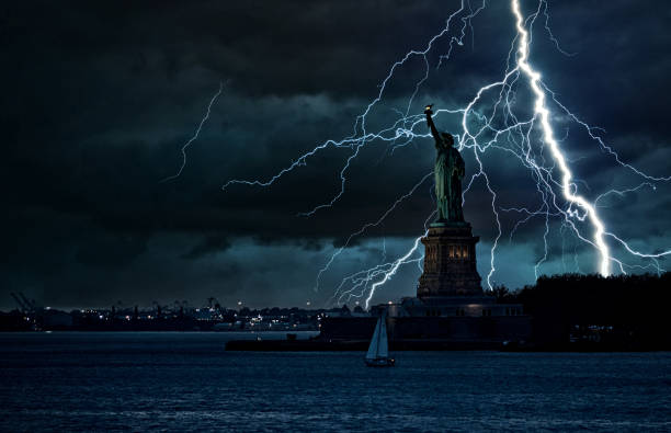 New York City Pandemic This is a photo of the Statue of Liberty during a lightning storm free jpeg images stock pictures, royalty-free photos & images