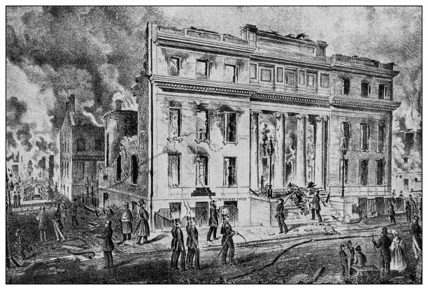 ilustraciones, imágenes clip art, dibujos animados e iconos de stock de edificios del distrito financiero de nueva york: ruinas del intercambio de comerciantes y oficina de correos, 1835 - nyse
