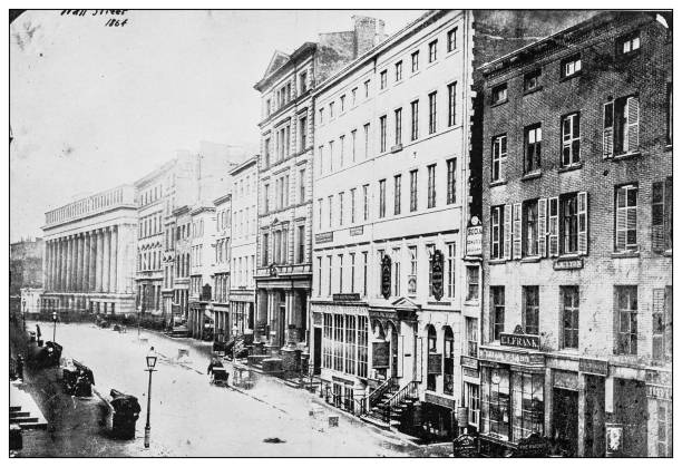 ilustraciones, imágenes clip art, dibujos animados e iconos de stock de edificios del distrito financiero de nueva york: wall street, 1864 - nyse