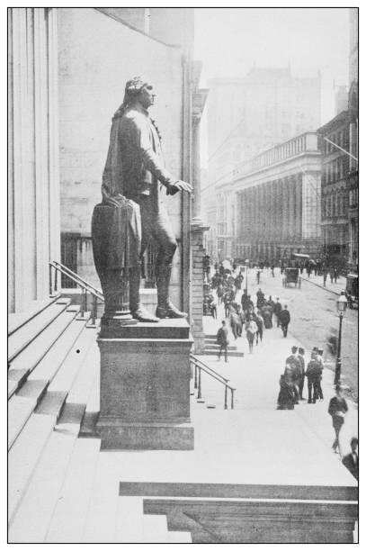 New York financial district buildings: Washington Statue in front of US Sub Treasury New York financial district buildings: Washington Statue in front of US Sub Treasury nyse stock illustrations