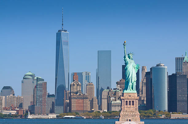 New York Skyline with Statue of Liberty, World Trade Center. stock photo