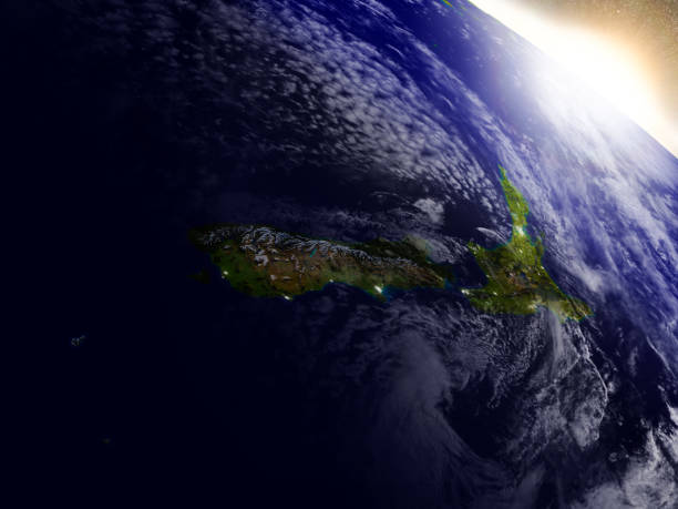 New Zealand from space during sunrise stock photo