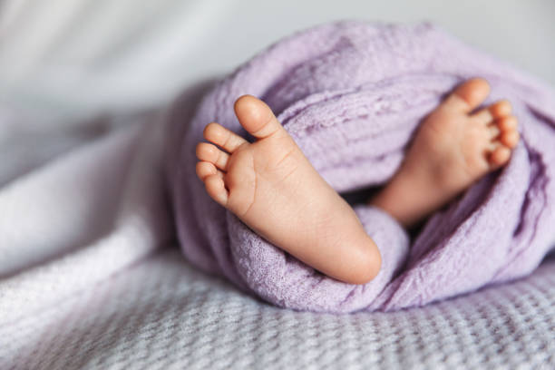 Newborn baby feet covered with blanket on bed in a selective focus stock photo