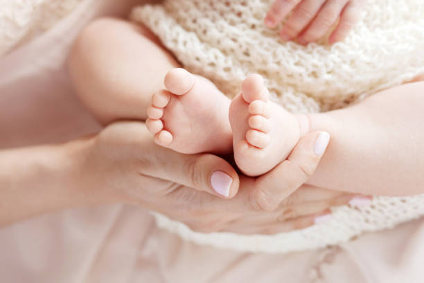 Newborn baby feet in mother hands. Mother holding legs of the kid in hands. Close up image. Happy family concept. stock photo