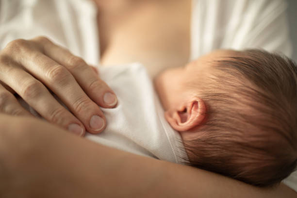 Newborn baby girl breast feeding in mothers arms. stock photo