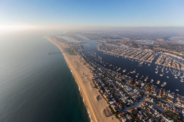 Newport Beach with Afternoon Pacific Fog Aerial stock photo