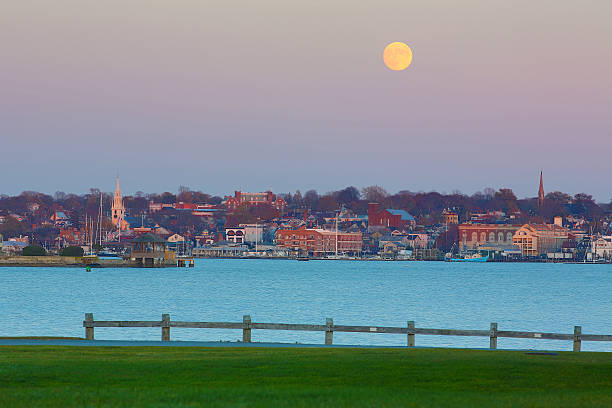Newport, Rhode Island Sunset and Moon Rising at Newport, Rhode Island (HDR) newport rhode island stock pictures, royalty-free photos & images