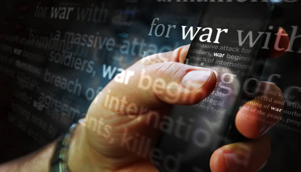 News titles on screen in hand with war 3d illustration stock photo