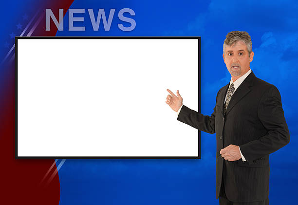 TV newscaster reporter reporting w blank screen stock photo