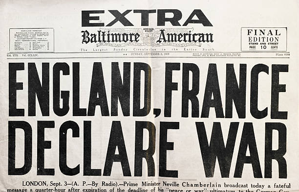 Newspaper 1939 Headlines Declaring Beginning of WWII stock photo