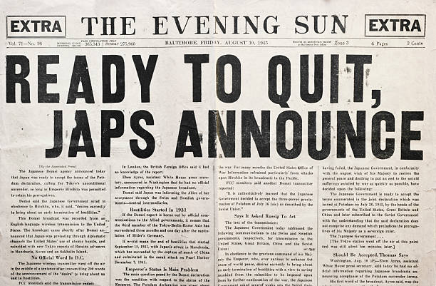 Newspaper 1945 Headline Declaring End of WWII stock photo