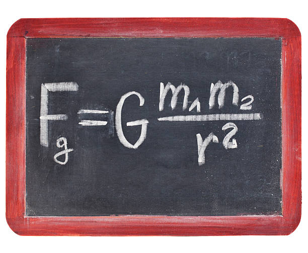Newton gravity law physics education concept - Newton gravity law on a small slate blackboard isaac newton stock pictures, royalty-free photos & images