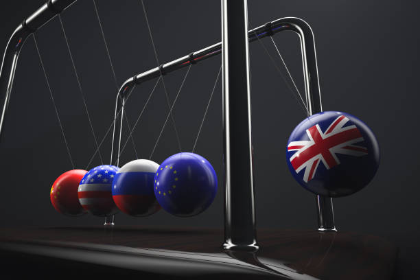 Newton's cradle. Balls with state symbols: Great Britain, European Union, Russia, USA, China stock photo