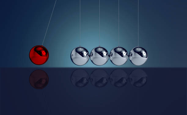 Newton's pendulum - Leadership/individuality concepts 3D Rendered Newton's pendulum with colorful background - Leadership/individuality concepts. Red chrome sphere hitting to regular spheres. impact stock pictures, royalty-free photos & images