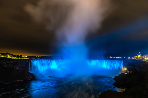 Canadian side view of Niagara Falls, Horseshoe Falls at  night in Niagara Falls, Ontario, Canada