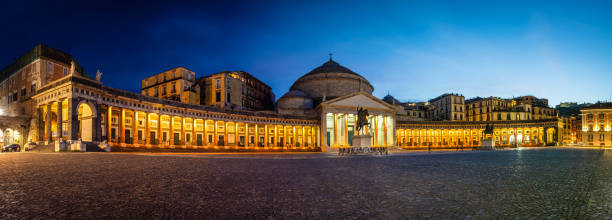 Nigh time panorama of the Basilica Reale Pontificia San Francesco da Paola in Naples Italy. stock photo